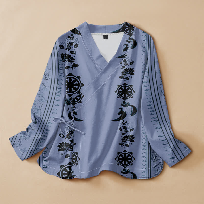 Buddha Stones Camisa kimono de manga larga para mujer, estilo kimono, con cuello en V, cuello bohemio y estampado floral bohemio. - Azul cielo claro - US16，UK/AU20，EU48 (3XL) - image 0