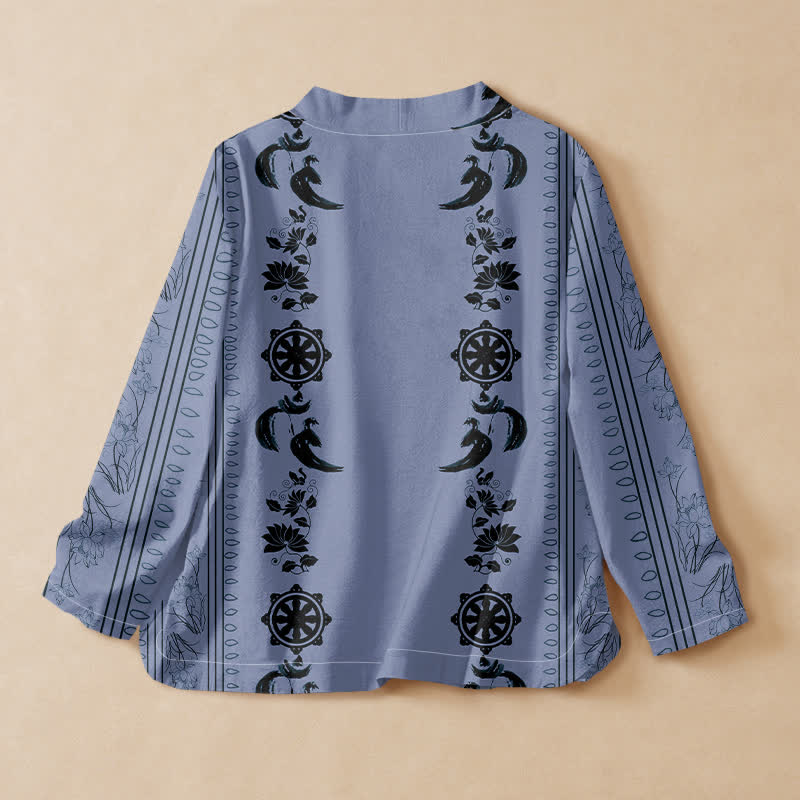 Buddha Stones Camisa kimono de manga larga para mujer, estilo kimono, con cuello en V, cuello bohemio y estampado floral bohemio. - image 1