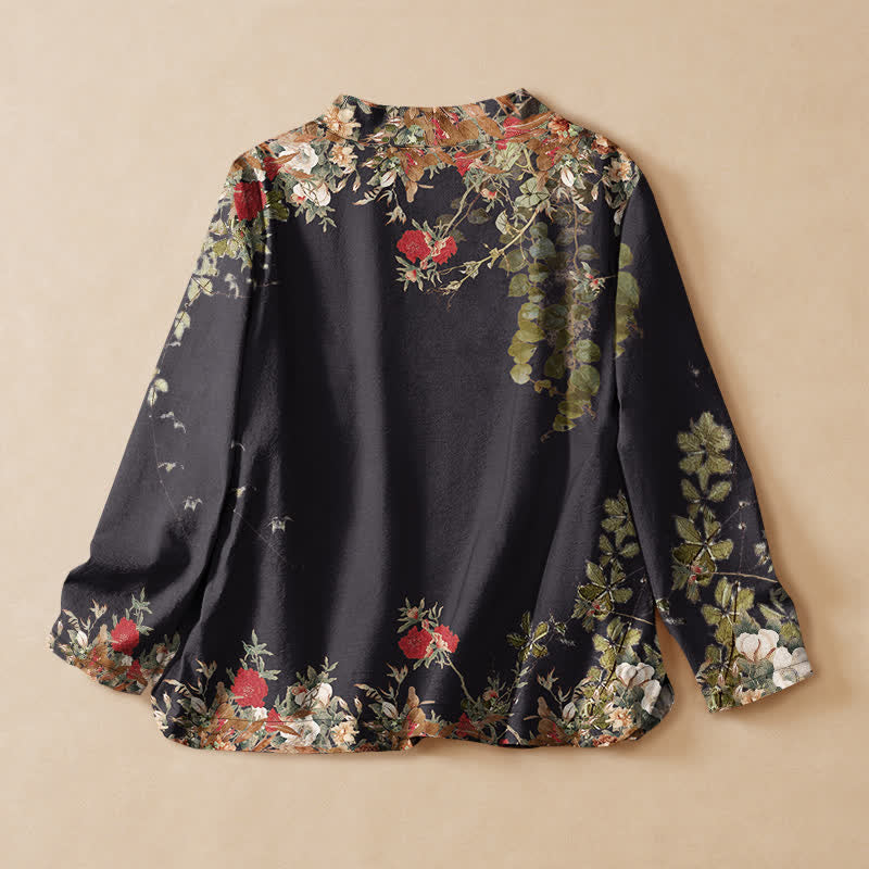 Buddha Stones Camisa kimono de manga larga para mujer con cuello en V y cordones, de algodón con estampado floral oriental. - image 1