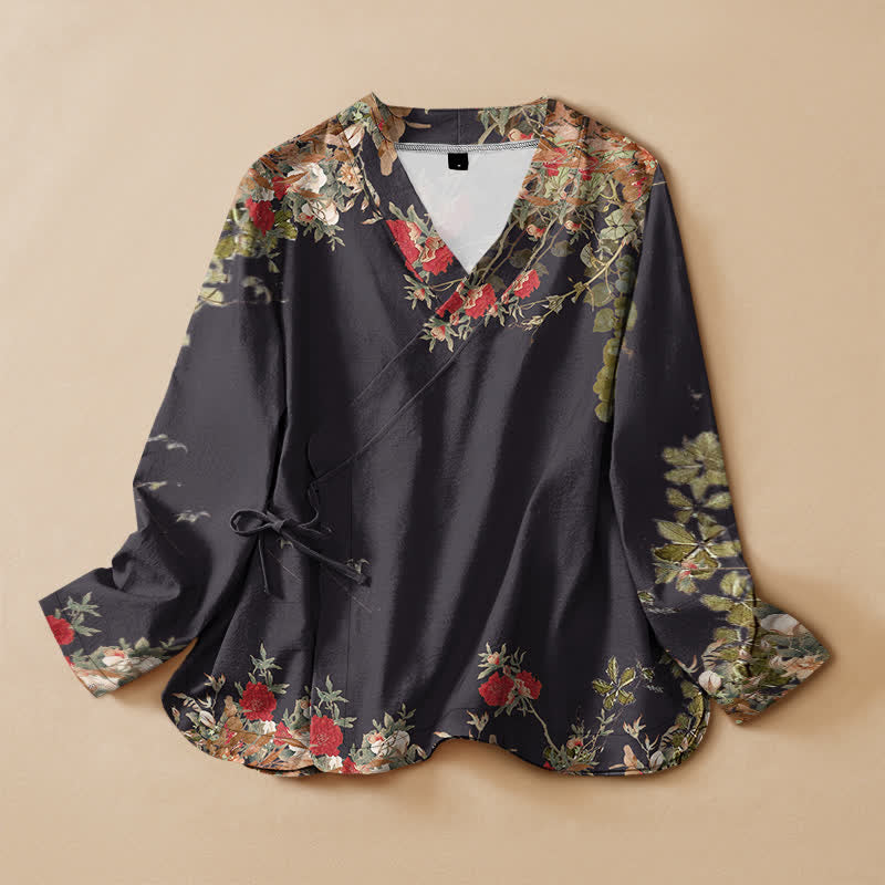 Buddha Stones Camisa kimono de manga larga para mujer con cuello en V y cordones, de algodón con estampado floral oriental. - Negro - US16，UK/AU20，EU48 (3XL) - image 0