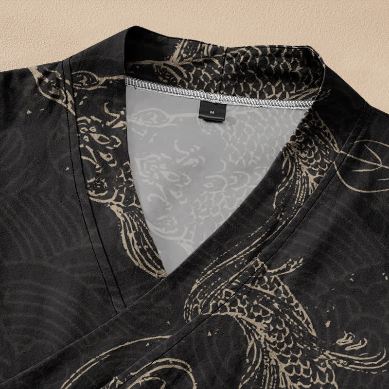Buddha Stones Kimono de manga larga para mujer con cuello en V, estampado floral de carpas koi y cordones, de algodón. - image 2