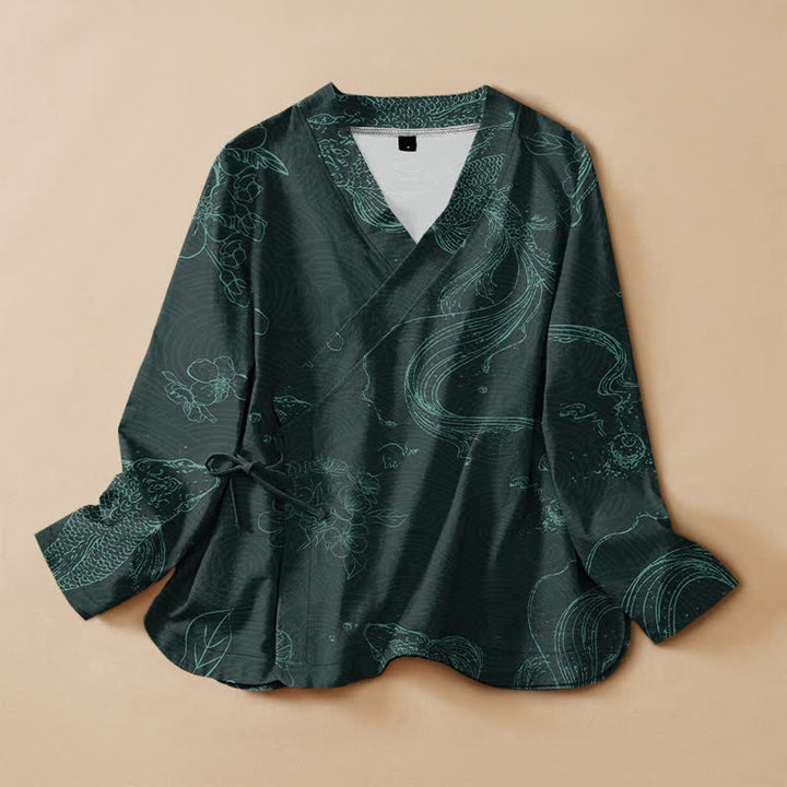 Buddha Stones Kimono de manga larga para mujer con cuello en V, estampado floral de carpas koi y cordones, de algodón. - Verdemar - US16，UK/AU20，EU48 (3XL) - image 5