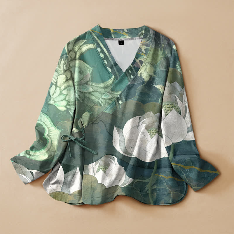 Buddha Stones Camisa kimono de manga larga para mujer, estilo hanfu, con cuello en V y cordones, de algodón blanco con estampado de hojas de loto. - Verde mar medio - US16，UK/AU20，EU48 (3XL) - image 0