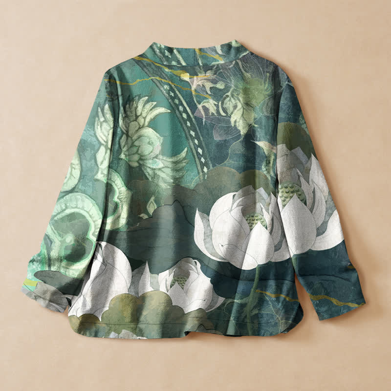 Buddha Stones Camisa kimono de manga larga para mujer, estilo hanfu, con cuello en V y cordones, de algodón blanco con estampado de hojas de loto. - image 1