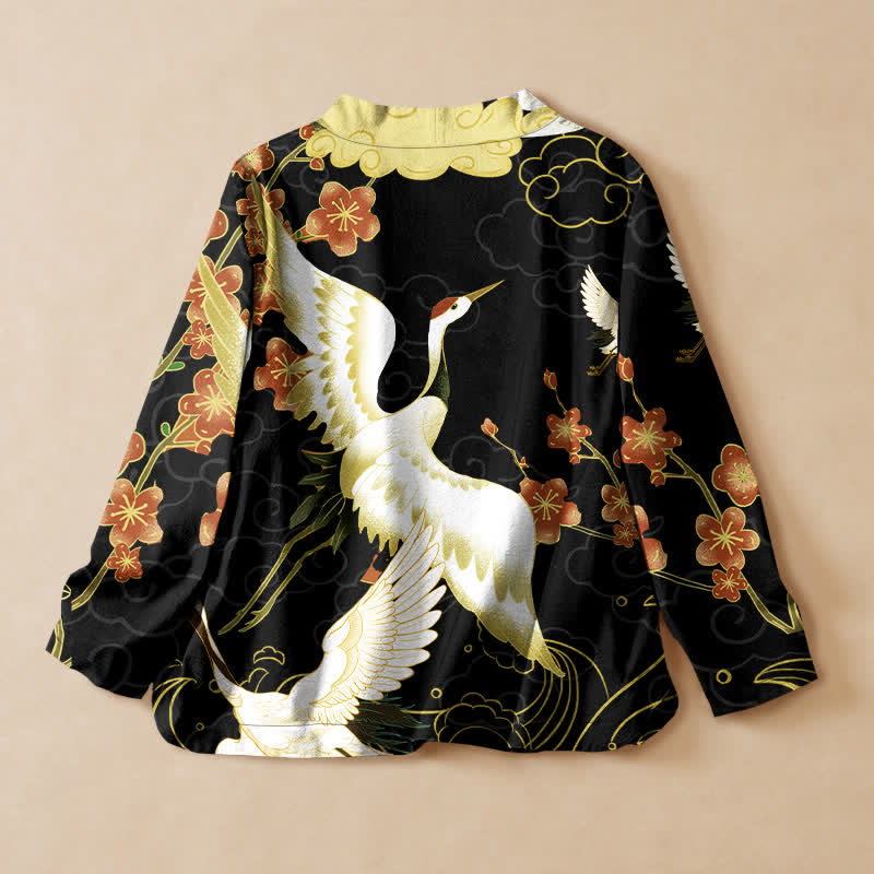 Buddha Stones Camisa kimono de manga larga para mujer, estilo hanfu, con cuello en V y cordones, de algodón blanco con estampado floral de grullas. - image 1