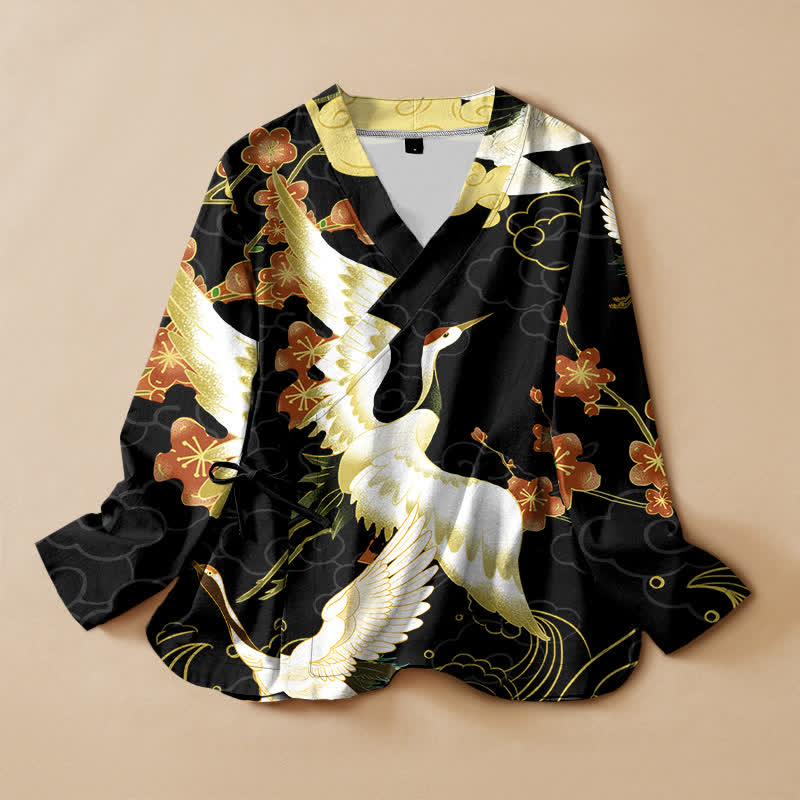 Buddha Stones Camisa kimono de manga larga para mujer, estilo hanfu, con cuello en V y cordones, de algodón blanco con estampado floral de grullas. - Negro - US16，UK/AU20，EU48 (3XL) - image 0