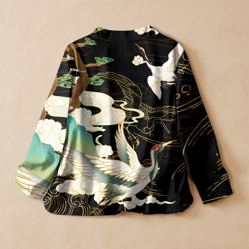Buddha Stones Camisa kimono de manga larga para mujer, estilo kimono, con cuello en V y cordones, estampado de grulla oriental y nubes, de algodón. - image 1