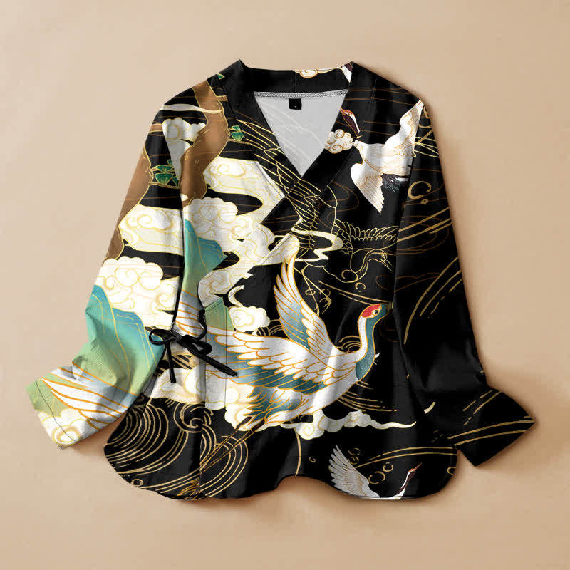 Buddha Stones Camisa kimono de manga larga para mujer, estilo kimono, con cuello en V y cordones, estampado de grulla oriental y nubes, de algodón. - Negro - US16，UK/AU20，EU48 (3XL) - image 0