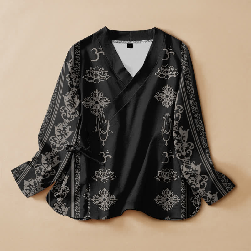 Buddha Stones Kimono de manga larga para mujer, estilo Hanfu, con cuello en V y cordones, estampado de loto de algodón y diseño Om. - Negro - US16，UK/AU20，EU48 (3XL) - image 0