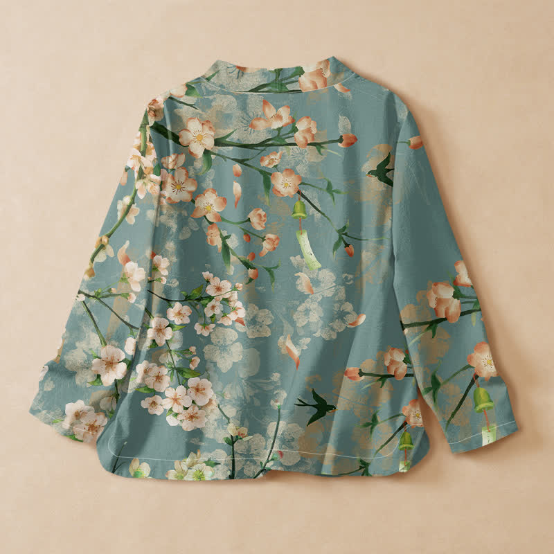 Buddha Stones Camisa kimono de manga larga para mujer, estilo hanfu, con cuello en V y cordones, de algodón, con estampado de flores de cerezo y pájaros. - image 1