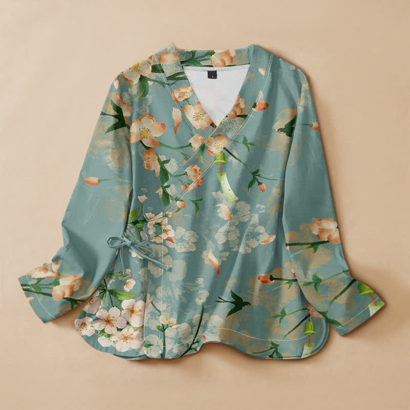 Buddha Stones Camisa kimono de manga larga para mujer, estilo hanfu, con cuello en V y cordones, de algodón, con estampado de flores de cerezo y pájaros. - Turquesa medio - US16，UK/AU20，EU48 (3XL) - image 0