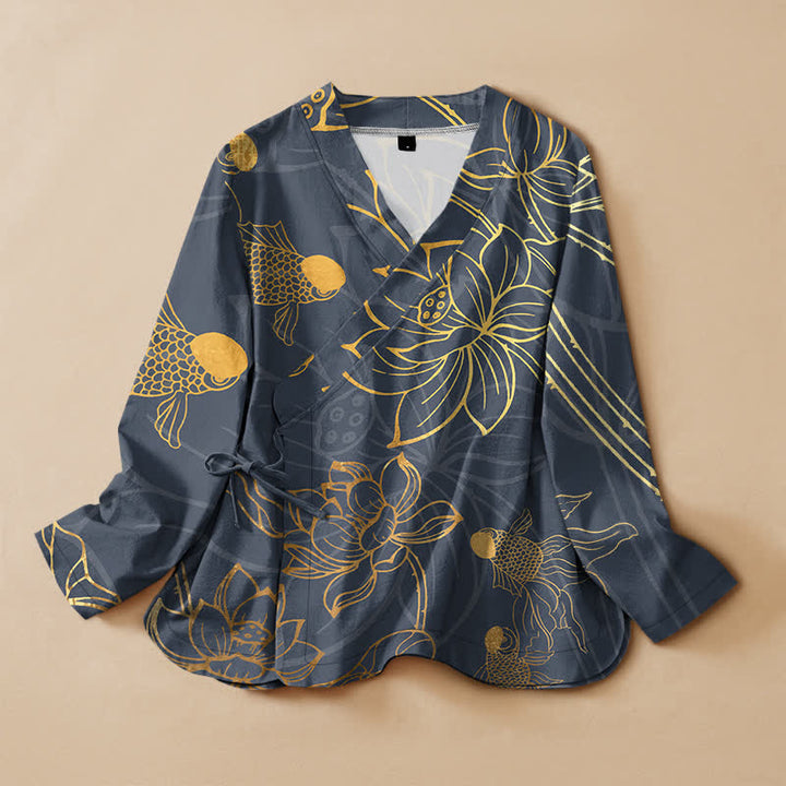 Buddha Stones Camisa kimono de manga larga para mujer, estilo kimono, con cuello en V, estampado de flor de loto y pez, de algodón. - Gris pizarra - US16，UK/AU20，EU48 (3XL) - image 5