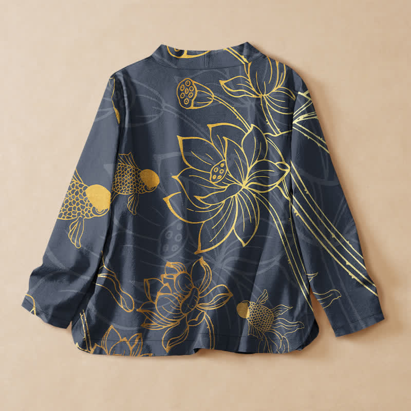 Buddha Stones Camisa kimono de manga larga para mujer, estilo kimono, con cuello en V, estampado de flor de loto y pez, de algodón. - image 6