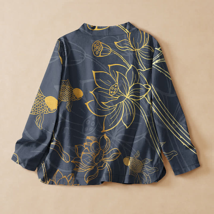 Buddha Stones Camisa kimono de manga larga para mujer, estilo kimono, con cuello en V, estampado de flor de loto y pez, de algodón. - image 6