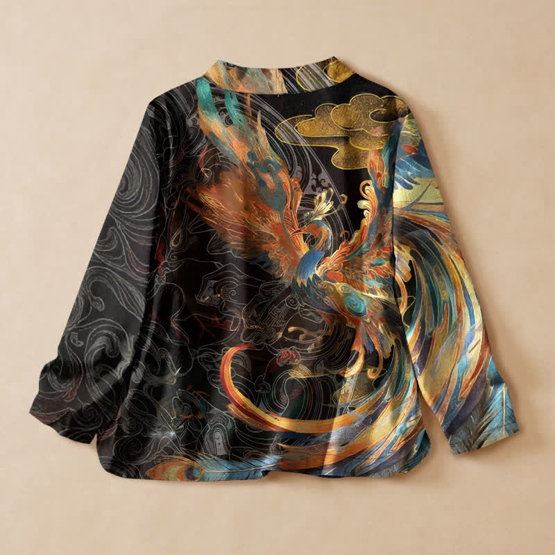 Buddha Stones Camisa kimono de manga larga para mujer, estilo hanfu, con cuello en V y cordones, de algodón, con estampado de nubes y fénix dorado. - image 1