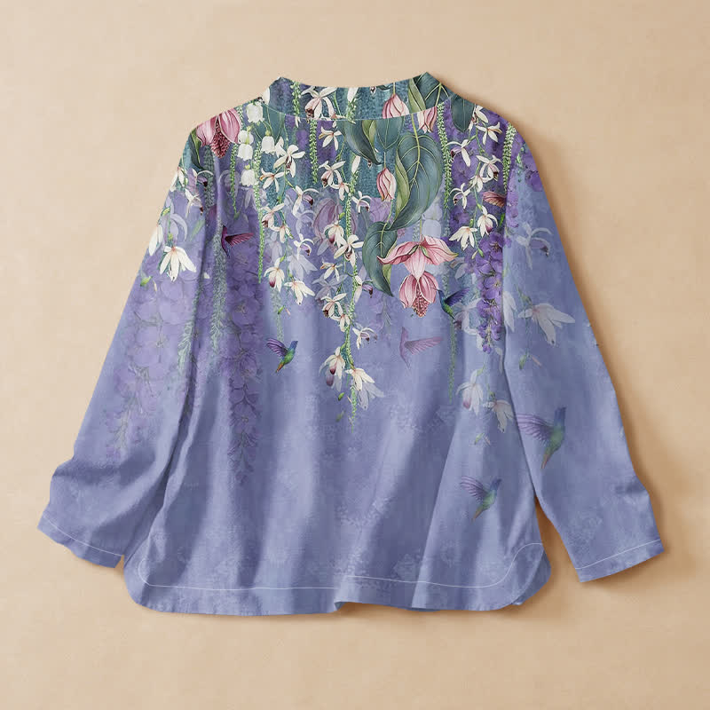 Buddha Stones Kimono de manga larga para mujer, estilo Hanfu, con cuello en V y cordones, estampado floral de colibríes en color lavanda, algodón. - image 1