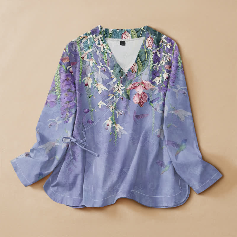 Buddha Stones Kimono de manga larga para mujer, estilo Hanfu, con cuello en V y cordones, estampado floral de colibríes en color lavanda, algodón. - Azul pizarra medio - US16，UK/AU20，EU48 (3XL) - image 0