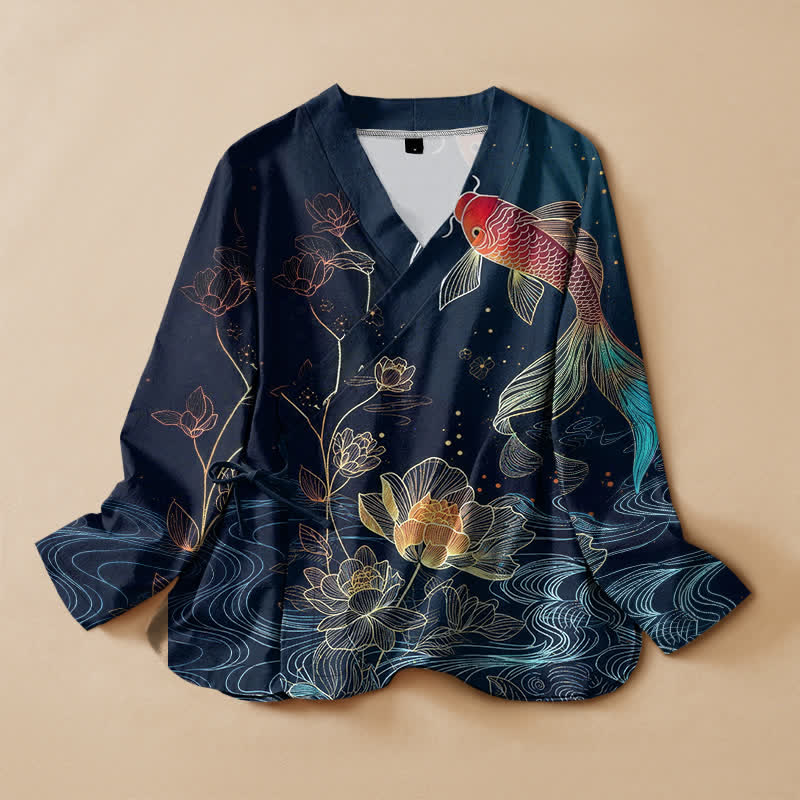 Buddha Stones Kimono de manga larga para mujer con cuello en V y cordones, estampado de estanque de lotos y carpas koi, de algodón. - Marina de guerra - US16，UK/AU20，EU48 (3XL) - image 0