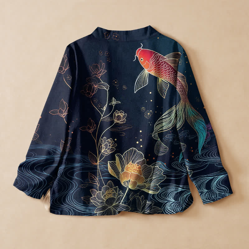 Buddha Stones Kimono de manga larga para mujer con cuello en V y cordones, estampado de estanque de lotos y carpas koi, de algodón. - image 1