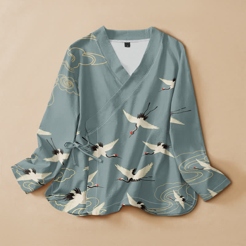 Buddha Stones Camisa kimono de manga larga para mujer, estilo hanfu, con cuello en V y cordones, de algodón rojo con estampado de grulla coronada. - Azul claro - US16，UK/AU20，EU48 (3XL) - image 0