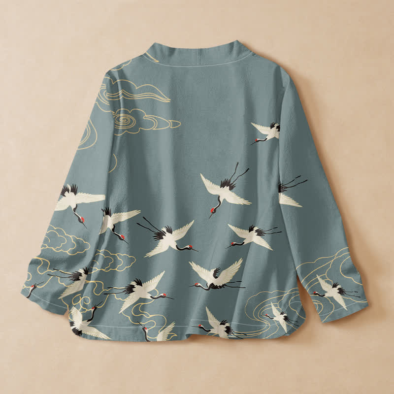 Buddha Stones Camisa kimono de manga larga para mujer, estilo hanfu, con cuello en V y cordones, de algodón rojo con estampado de grulla coronada. - image 1