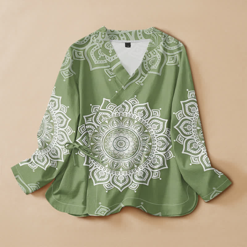 Buddha Stones Camisa kimono de manga larga para mujer, estilo hanfu, con cuello en V y cordones, de algodón blanco con estampado de mandala. - Verde oliva - US16，UK/AU20，EU48 (3XL) - image 5