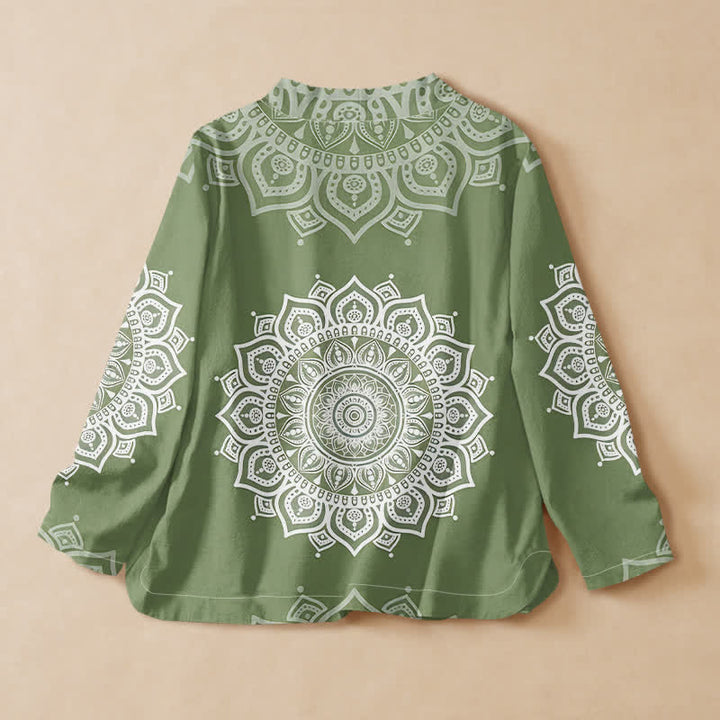 Buddha Stones Camisa kimono de manga larga para mujer, estilo hanfu, con cuello en V y cordones, de algodón blanco con estampado de mandala. - image 6