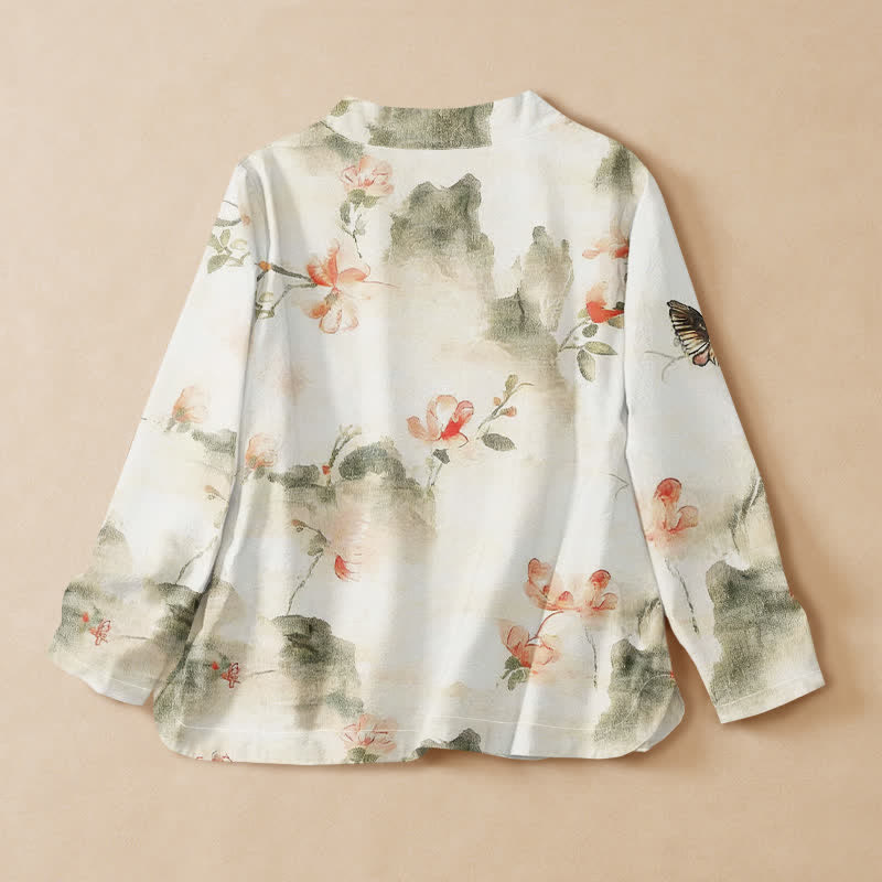 Buddha Stones Camisa kimono de manga larga para mujer, estilo hanfu, con cuello en V y cordones, de algodón con estampado floral de mariposas. - image 1