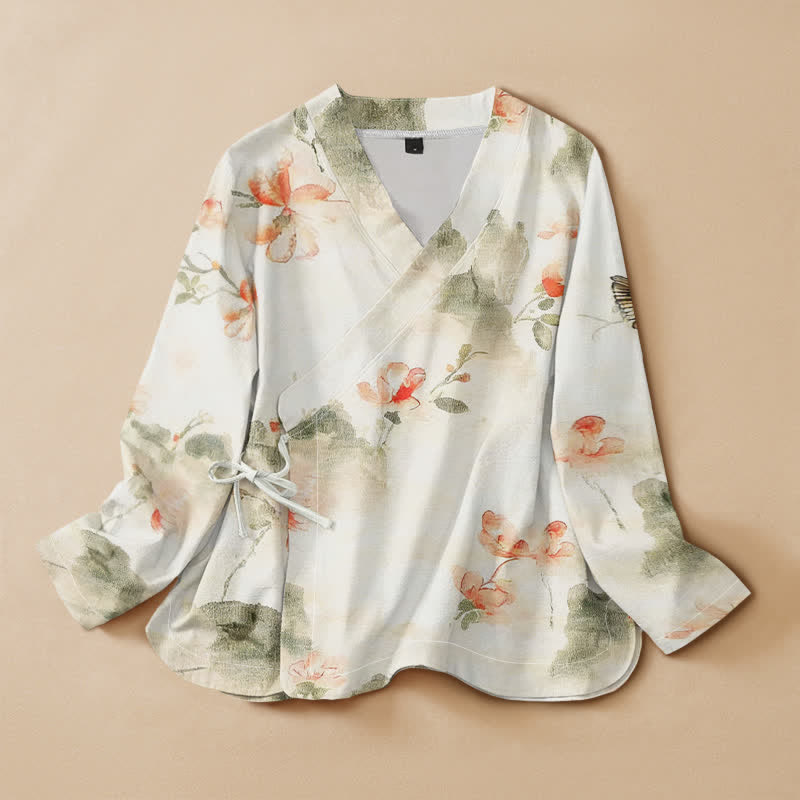 Buddha Stones Camisa kimono de manga larga para mujer, estilo hanfu, con cuello en V y cordones, de algodón con estampado floral de mariposas. - Marfil - US16，UK/AU20，EU48 (3XL) - image 0