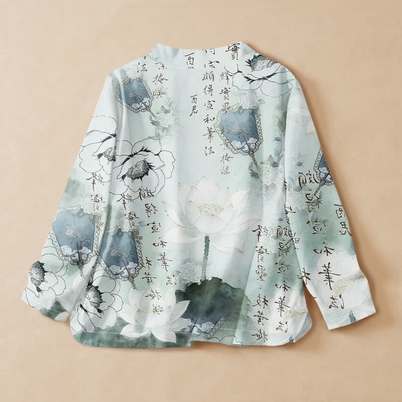 Buddha Stones Camisa kimono de manga larga para mujer estilo hanfu con cuello en V y cordones, estampado de caligrafía de loto en tinta de algodón. - image 1