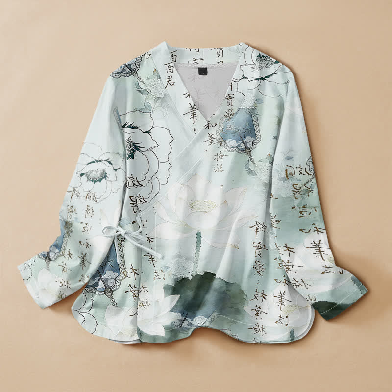 Buddha Stones Camisa kimono de manga larga para mujer estilo hanfu con cuello en V y cordones, estampado de caligrafía de loto en tinta de algodón. - AliciaAzul - US16，UK/AU20，EU48 (3XL) - image 0