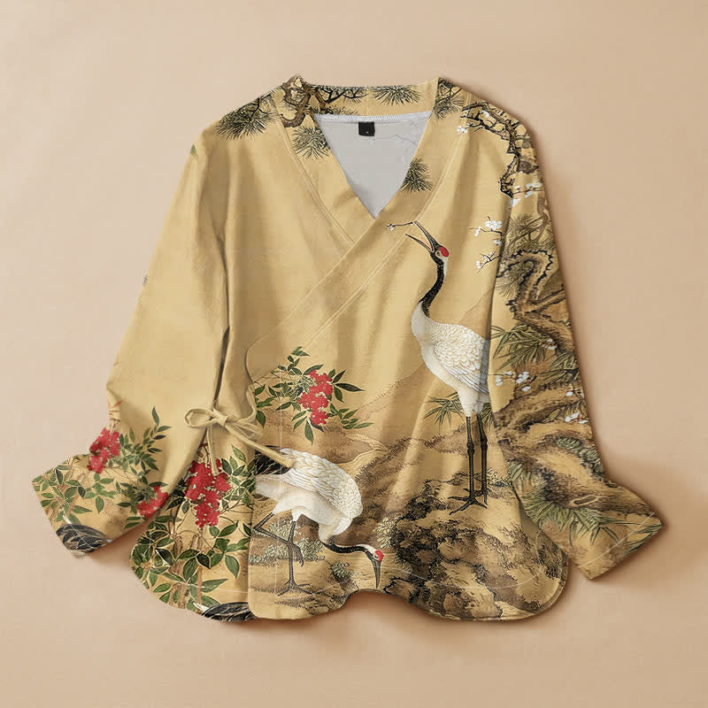 Buddha Stones Camisa kimono de manga larga para mujer, estilo hanfu, con cuello en V y cordones, estampado de grullas y flores de pino, de algodón. - vara de oro - US16，UK/AU20，EU48 (3XL) - image 0