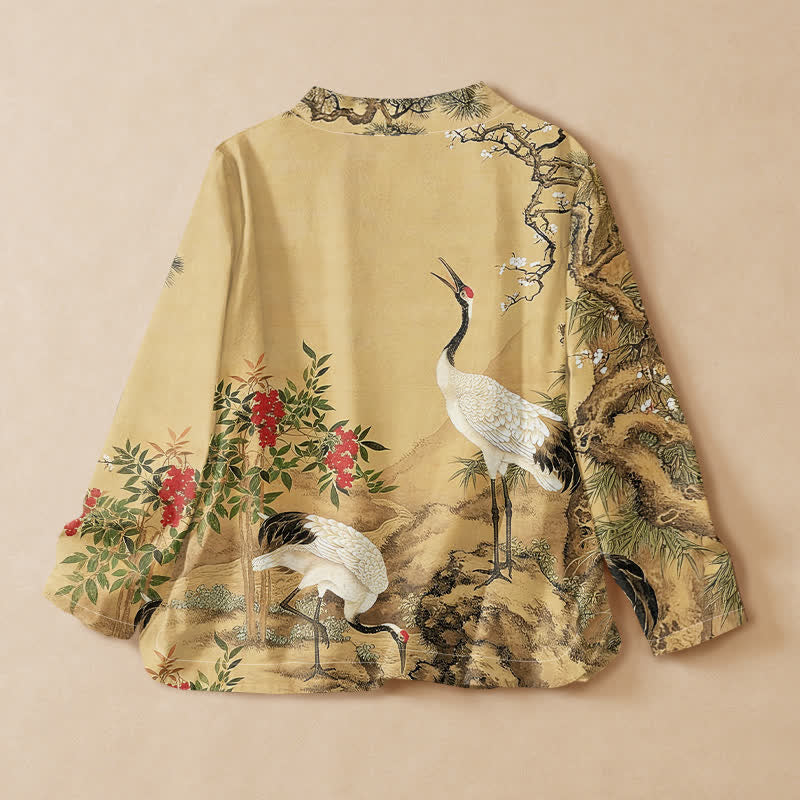 Buddha Stones Camisa kimono de manga larga para mujer, estilo hanfu, con cuello en V y cordones, estampado de grullas y flores de pino, de algodón. - image 1