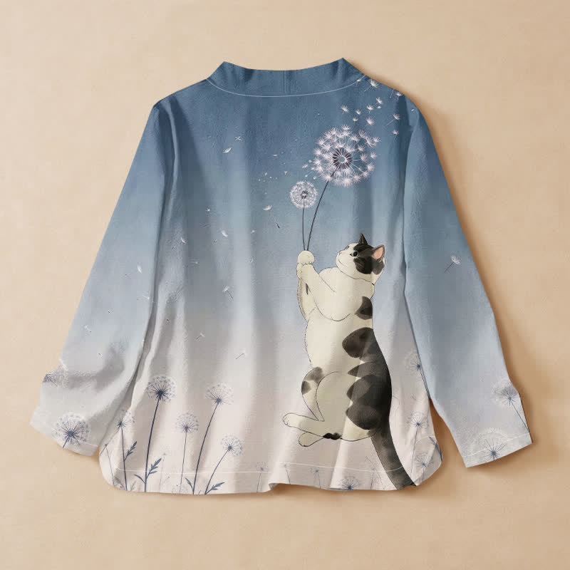 Buddha Stones Camisa kimono de manga larga para mujer, estilo hanfu, con cuello en V y cordones, de algodón y estampado de gato y diente de león. - image 1
