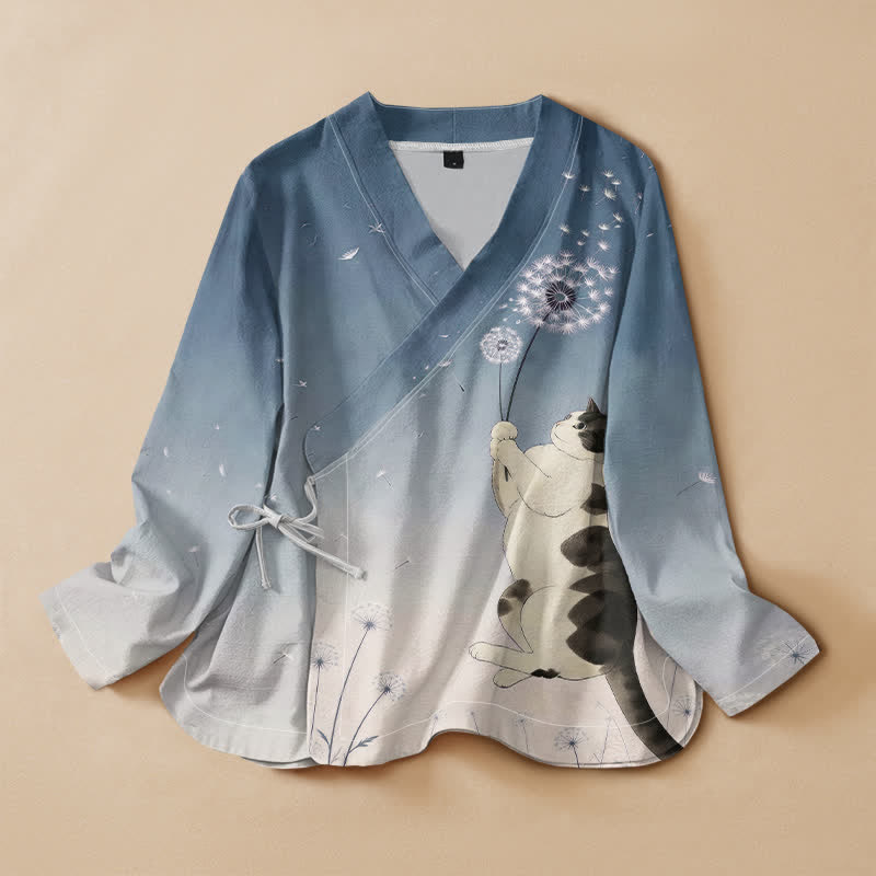 Buddha Stones Camisa kimono de manga larga para mujer, estilo hanfu, con cuello en V y cordones, de algodón y estampado de gato y diente de león. - Azul acero - US16，UK/AU20，EU48 (3XL) - image 0