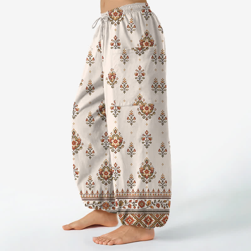 Buddha Stones Pantalones harem de algodón con estampado floral étnico bohemio para mujer, cintura elástica y bolsillos laterales. - image 1