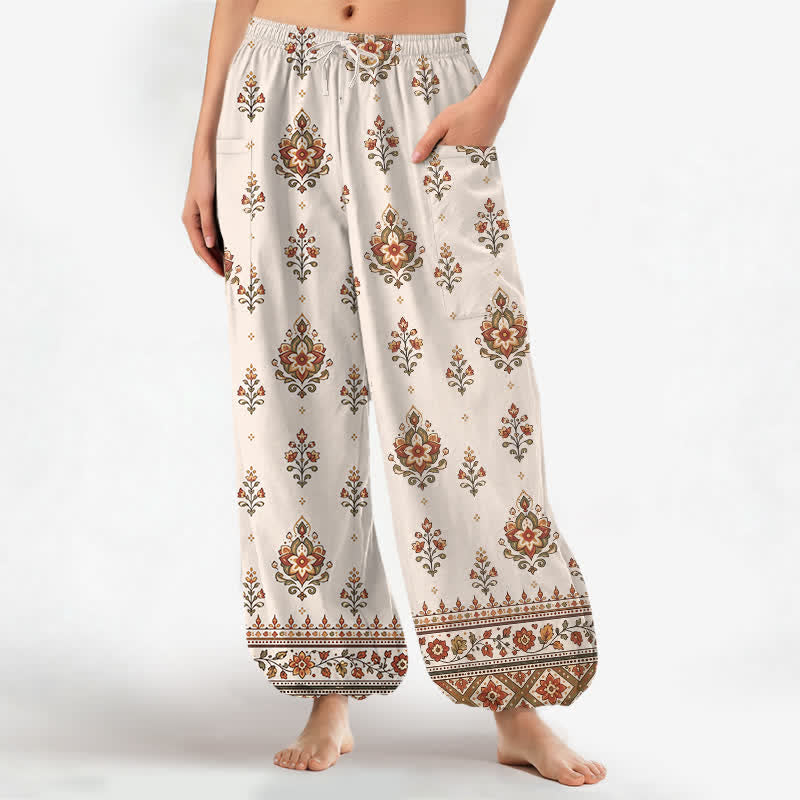 Buddha Stones Pantalones harem de algodón con estampado floral étnico bohemio para mujer, cintura elástica y bolsillos laterales. - Beige - US16，UK/AU20，EU48 (3XL) - image 0