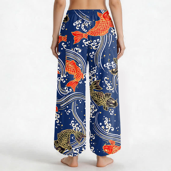 Buddha Stones Pantalones harem de algodón con estampado de olas Koi para mujer, cintura elástica y bolsillos laterales. - image 2