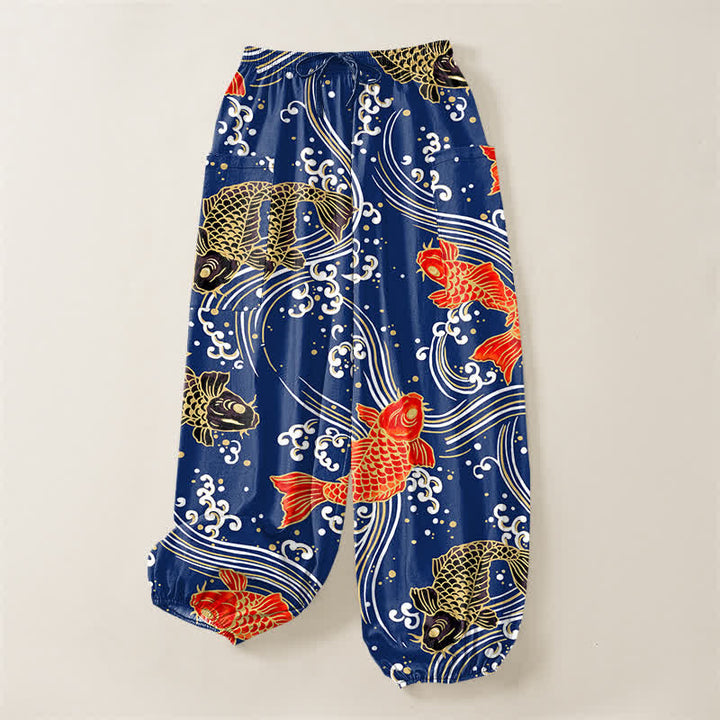 Buddha Stones Pantalones harem de algodón con estampado de olas Koi para mujer, cintura elástica y bolsillos laterales. - image 3