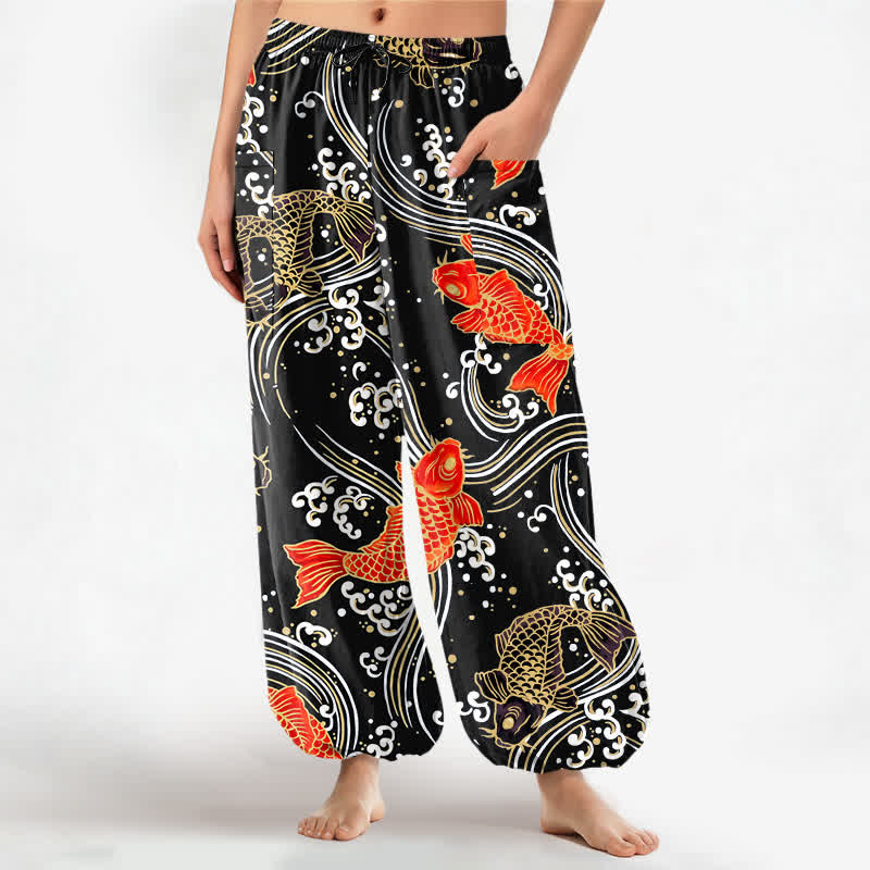 Buddha Stones Pantalones harem de algodón con estampado de olas Koi para mujer, cintura elástica y bolsillos laterales. - Negro - US16，UK/AU20，EU48 (3XL) - image 7