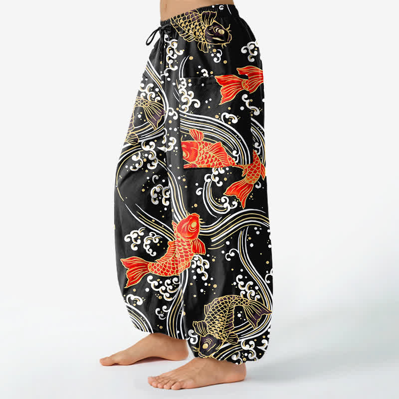 Buddha Stones Pantalones harem de algodón con estampado de olas Koi para mujer, cintura elástica y bolsillos laterales. - image 8