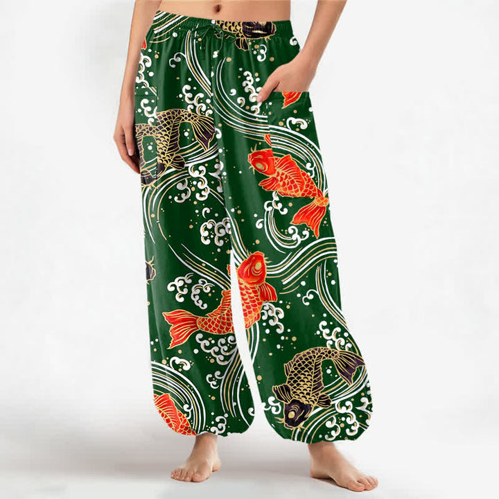 Buddha Stones Pantalones harem de algodón con estampado de olas Koi para mujer, cintura elástica y bolsillos laterales. - Verde oscuro - US16，UK/AU20，EU48 (3XL) - image 10