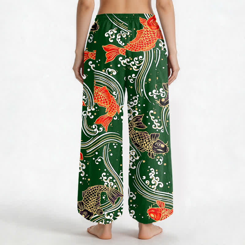 Buddha Stones Pantalones harem de algodón con estampado de olas Koi para mujer, cintura elástica y bolsillos laterales. - image 12