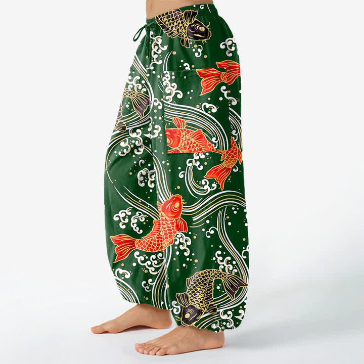 Buddha Stones Pantalones harem de algodón con estampado de olas Koi para mujer, cintura elástica y bolsillos laterales. - image 11