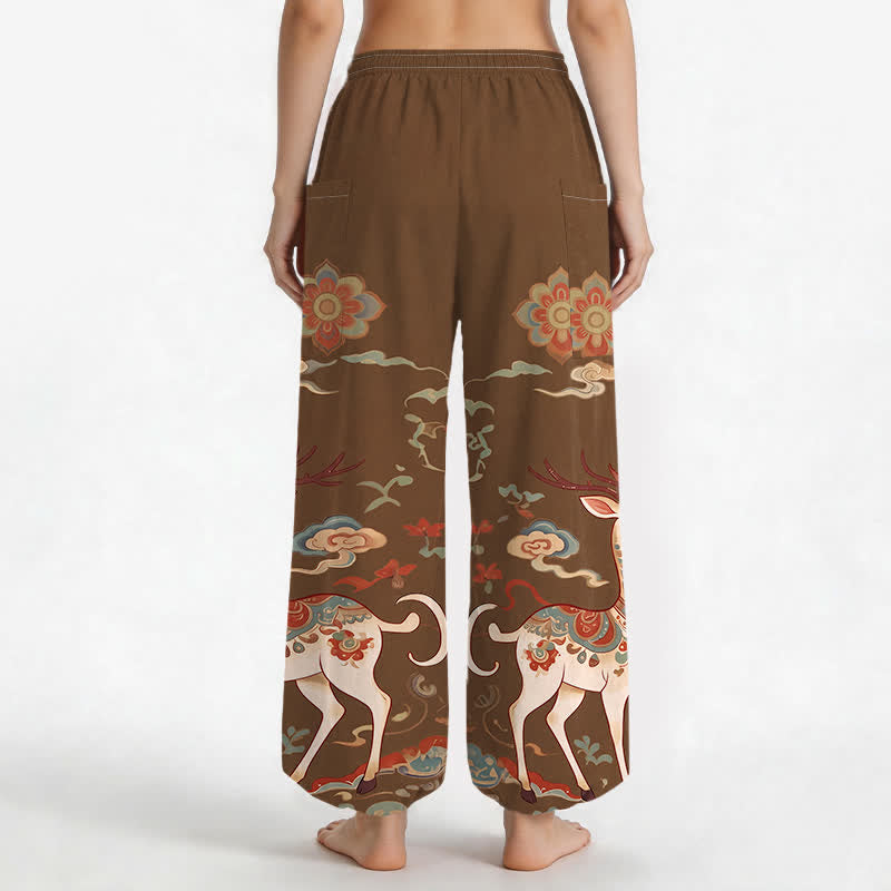 Buddha Stones Pantalones harem de algodón estilo boho con estampado de ciervos y nubes para mujer, cintura elástica y bolsillos laterales. - image 2