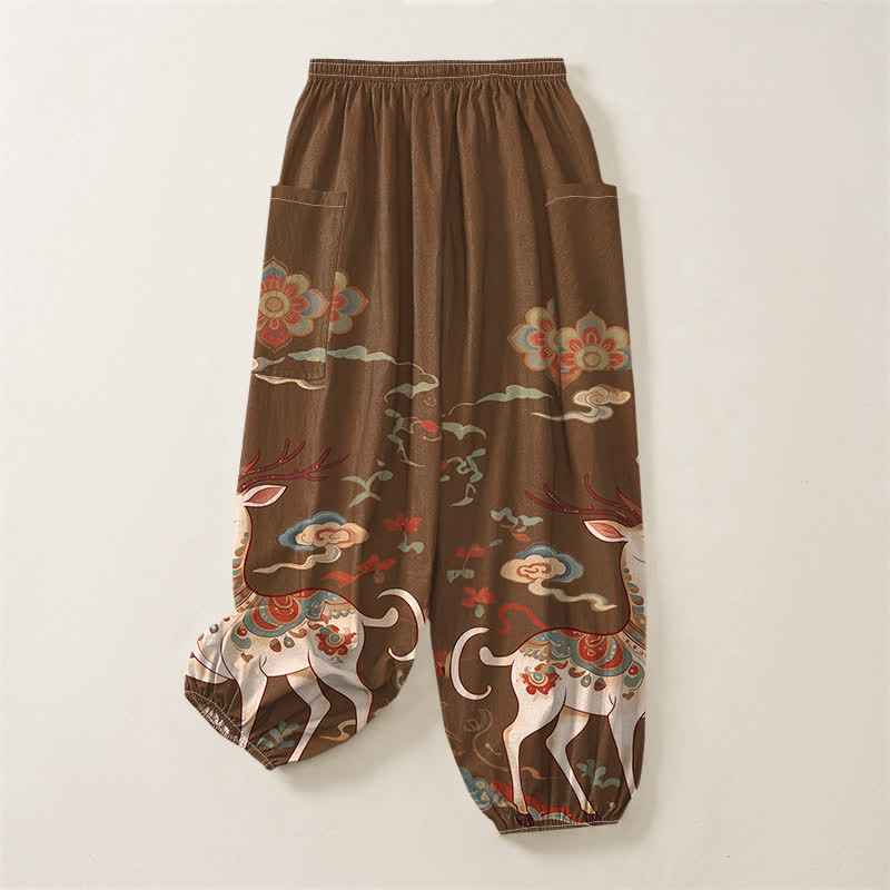 Buddha Stones Pantalones harem de algodón estilo boho con estampado de ciervos y nubes para mujer, cintura elástica y bolsillos laterales. - image 4