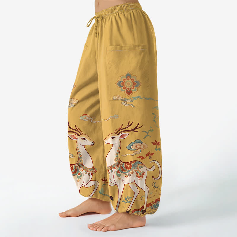 Buddha Stones Pantalones harem de algodón estilo boho con estampado de ciervos y nubes para mujer, cintura elástica y bolsillos laterales. - image 8