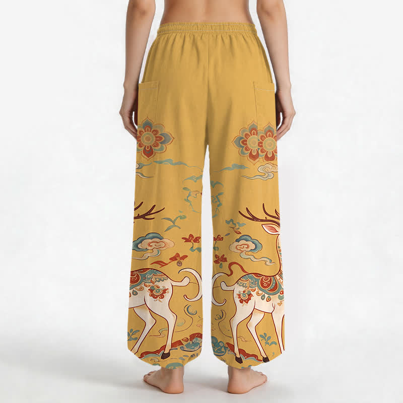 Buddha Stones Pantalones harem de algodón estilo boho con estampado de ciervos y nubes para mujer, cintura elástica y bolsillos laterales. - image 9