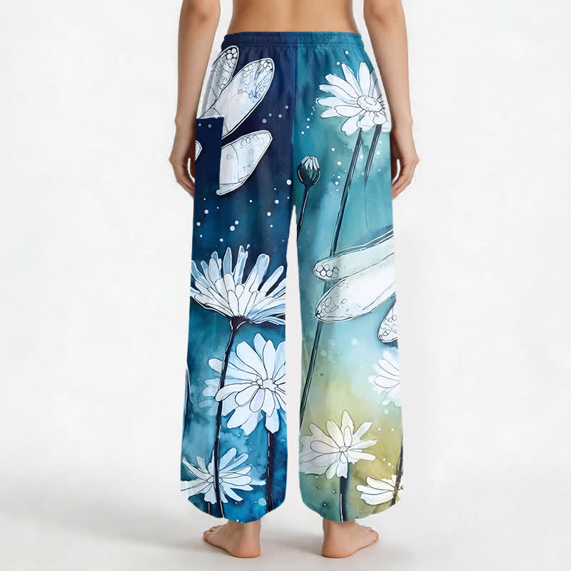 Buddha Stones Pantalones harem de algodón con estampado de libélulas y margaritas en acuarela para mujer, con cintura elástica y bolsillos laterales. - image 2