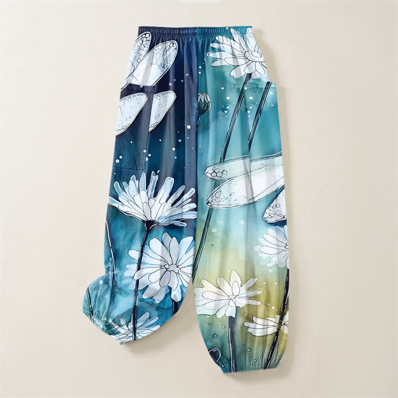 Buddha Stones Pantalones harem de algodón con estampado de libélulas y margaritas en acuarela para mujer, con cintura elástica y bolsillos laterales. - image 3
